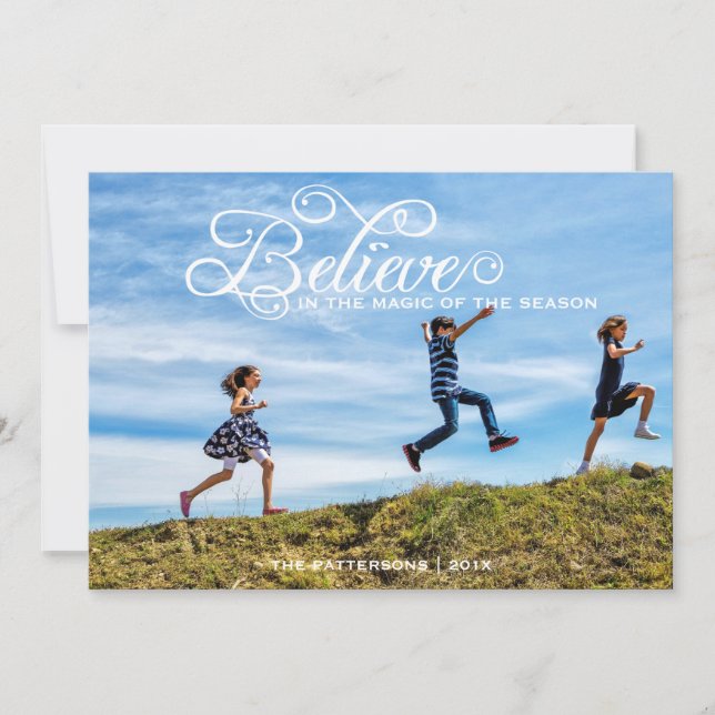 Believe | Holiday Modern Greeting Photo Card (Front)
