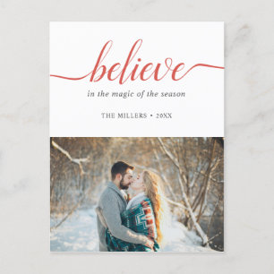Believe Holiday Red Handwritten Font White Photo Postcard