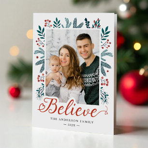 Believe in Christmas Holly and Pine Berries Photo Holiday Card