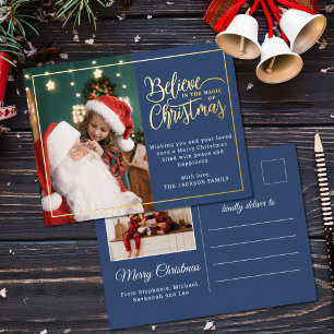 Believe in Christmas magic 2 family photos blue Foil Holiday Postcard