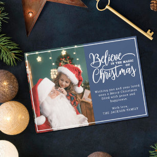 Believe in Christmas magic 2 family photos blue Holiday Card