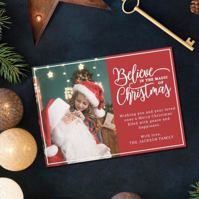 Believe in Christmas magic 2 family photos red Holiday Card (Creator Uploaded)
