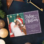 Believe in Christmas magic 2 family photos violet Holiday Card<br><div class="desc">Modern holiday greeting card featuring one of your favourite Christmas family portraits on the left complemented by the words "Believe in the magic of Christmas" on the right over a modern violet background, customisable with your own greeting message. You can upload one more picture on the reverse of the card....</div>
