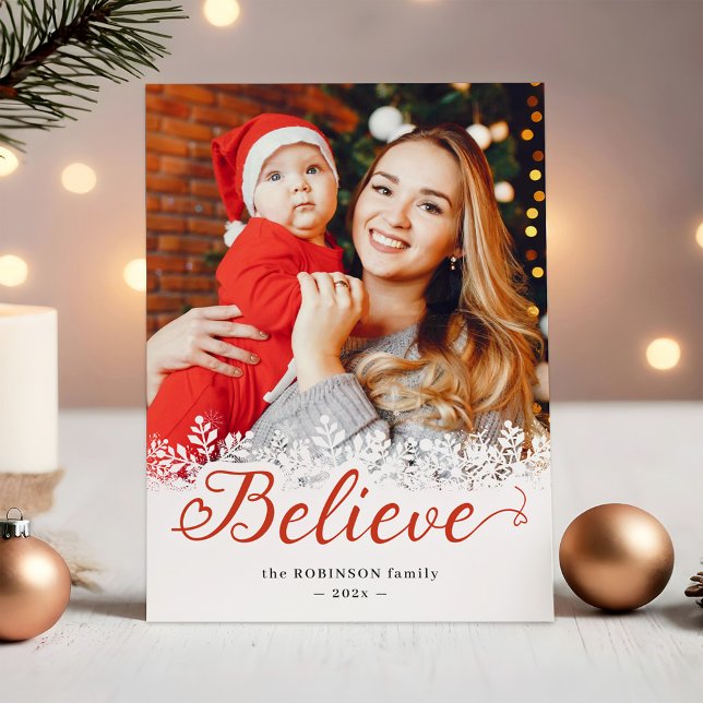Believe in Christmas Snowfall Snowflake 2 Photo Holiday Card (Creator Uploaded)