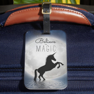 "Believe in Magic" Black Unicorn Moonlight Water Luggage Tag