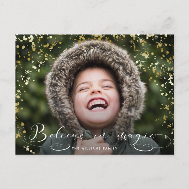 Believe in Magic Calligraphy & Gold Sparkles Postcard (Front)