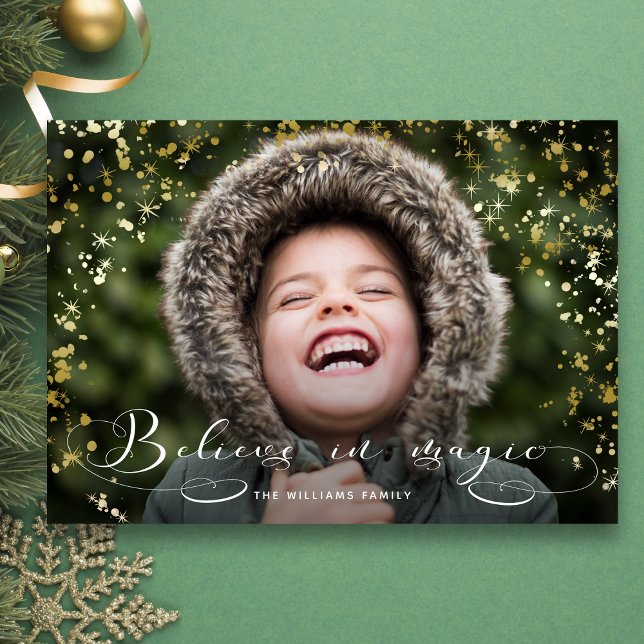 Believe in Magic Calligraphy & Gold Sparkles Tri-Fold Holiday Card (Creator Uploaded)