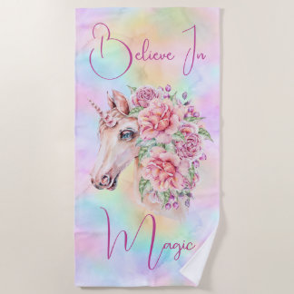 Believe in Magic Floral Unicorn Beach Towel