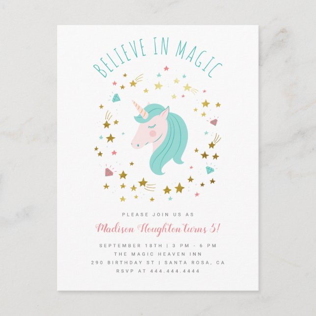 Believe in Magic Gold Stars Unicorn Girl Birthday Invitation Postcard (Front)