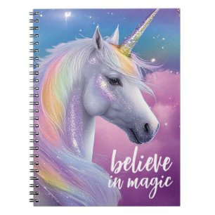 Believe in Magic Pastel Rainbow Glitter Unicorn Notebook