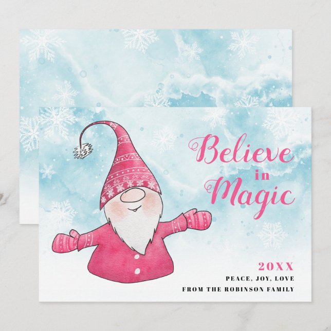 Believe in Magic Pink Gnome Snowy Blue Christmas Holiday Card (Front/Back)