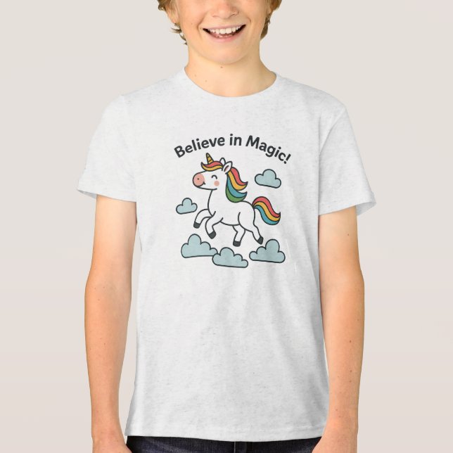 Believe in Magic Rainbow Unicorn Design Tri-Blend Shirt (Front)