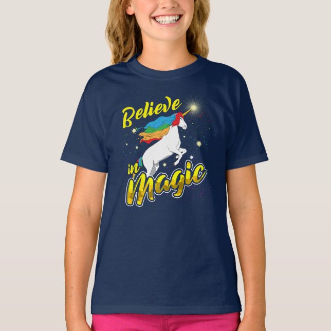 Believe in Magic Unicorn Modern Graphic Pun T-Shirt (Front)