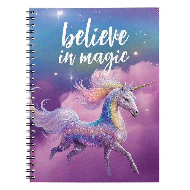 Believe in Magic Whimsical Unicorn Cosmic Fantasy Notebook (Front)