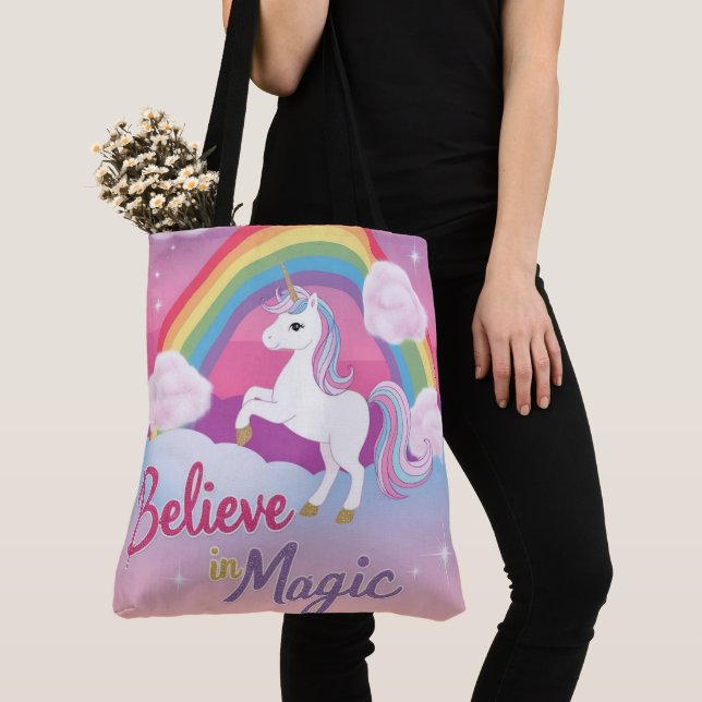 Believe in Magic with Unicorn and Rainbow Tote Bag (Close Up)