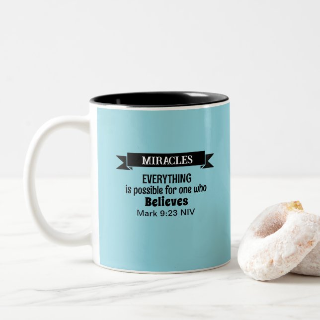 Believe in Miracles Bible Verse Light Blue Two-Tone Coffee Mug (With Donut)