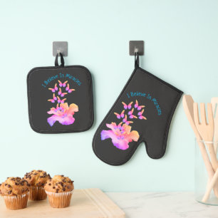 Believe In Miracles Hibiscus Flower Butterflies Oven Mitt & Pot Holder Set