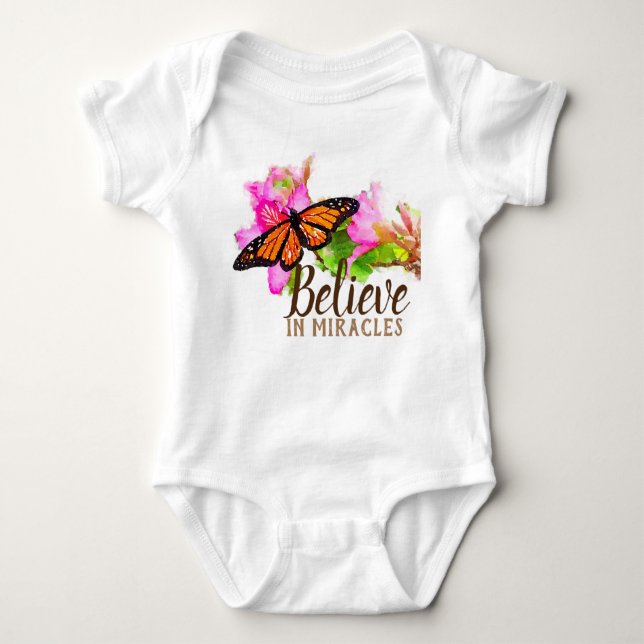 Believe In Miracles Monarch Butterfly and Orchid Baby Bodysuit (Front)