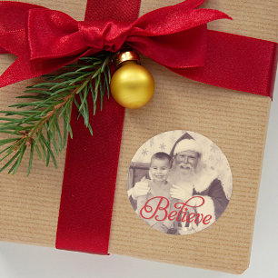 Believe in Red Script Santa Holiday Photo Classic Round Sticker