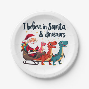 believe in Santa and dinosaurs (Santa riding dinos Paper Plate