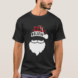 Believe In Santa Christmas Hat Buffalo Plaid White T-Shirt