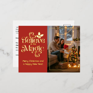 Believe in the Magic Christmas Red & Gold Foil Holiday Postcard