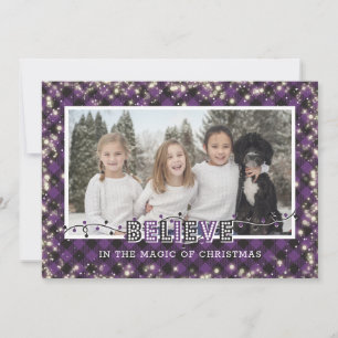 Believe In the Magic Purple Plaid Photo Holiday Card