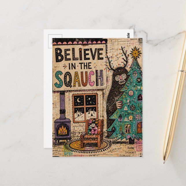 Believe in the Squatch Christmas Collage Postcard (Front/Back In Situ)