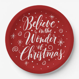 Believe in the Wonder of Christmas Lettering Red Paper Plate