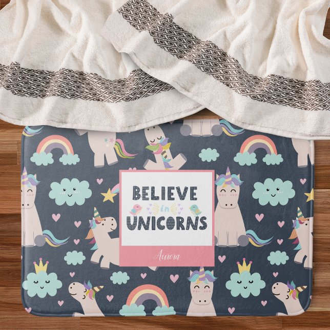 Believe in Unicorns Blue and Pink Girl Pattern Kid Bath Mat (Creator Uploaded)