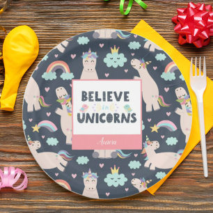 Believe in Unicorns Blue and Pink Girl Pattern Kid Paper Plate