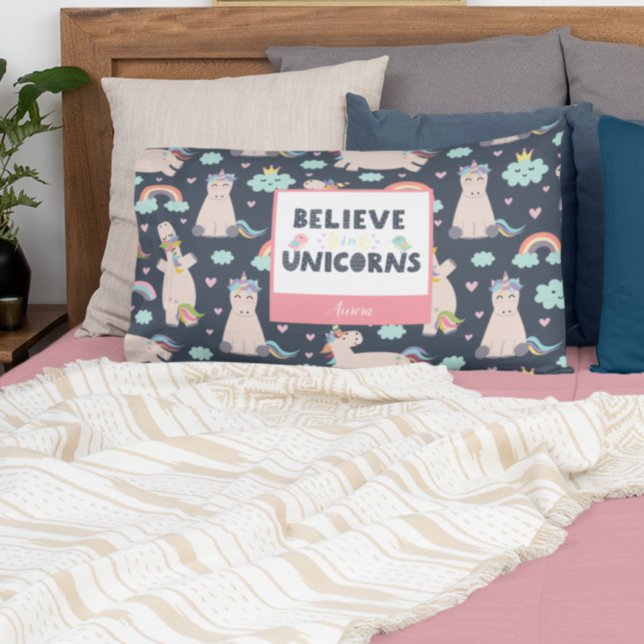 Believe in Unicorns Blue and Pink Girl Pattern Kid Pillowcase (Creator Uploaded)