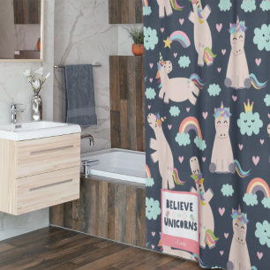 Believe in Unicorns Blue and Pink Girl Pattern Kid Shower Curtain