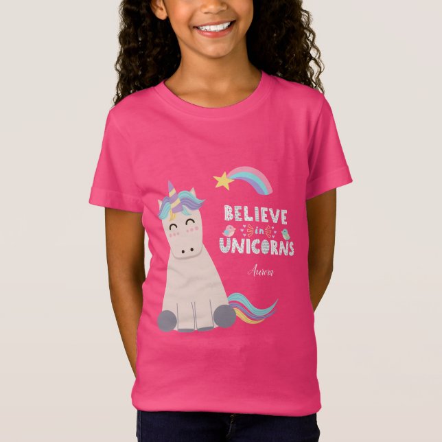 Believe in Unicorns Blue and Pink Girl Pattern Kid T-Shirt (Front)