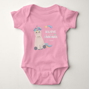Believe in Unicorns Magical Pink Monogrammed Girl Baby Bodysuit