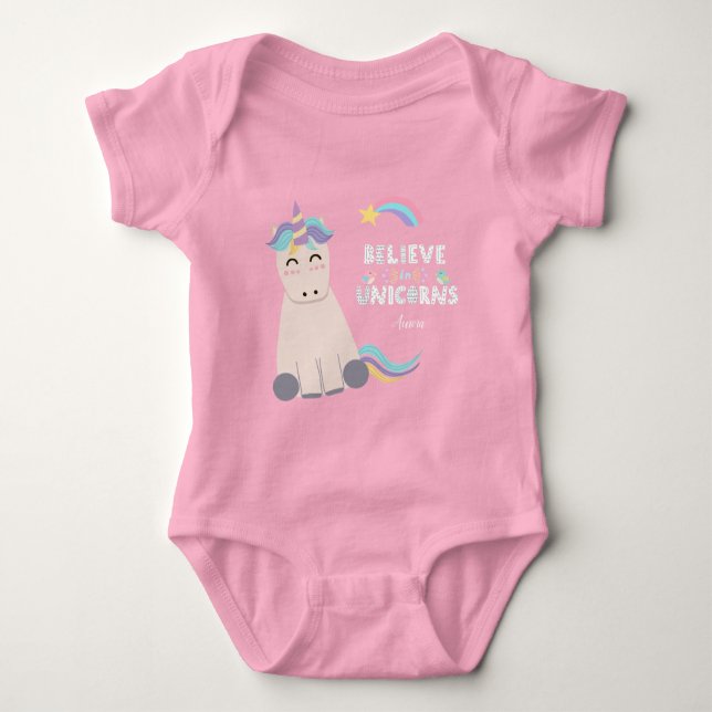 Believe in Unicorns Magical Pink Monogrammed Girl Baby Bodysuit (Front)