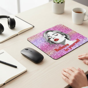 Believe in Yourself Pink Glitter Inspirational Mouse Pad