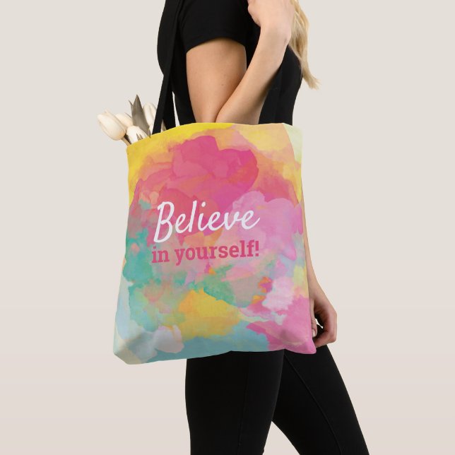 Believe in Yourself Quote Cheerful Watercolor Tote Bag (Close Up)