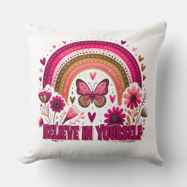 Believe in Yourself Rainbow Butterfly Flowers Boho Cushion (Front)