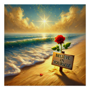 Believe in Yourself: Romantic Beach Oil Painting Poster