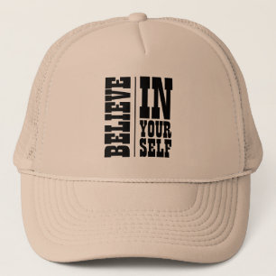 BELIEVE IN YOURSELF WHITE TYPOGRAPHY TRUCKER HAT