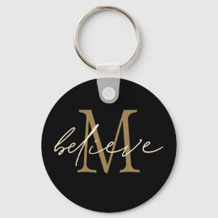 Believe Inspirational Gold Black Monogram Initial Key Ring
