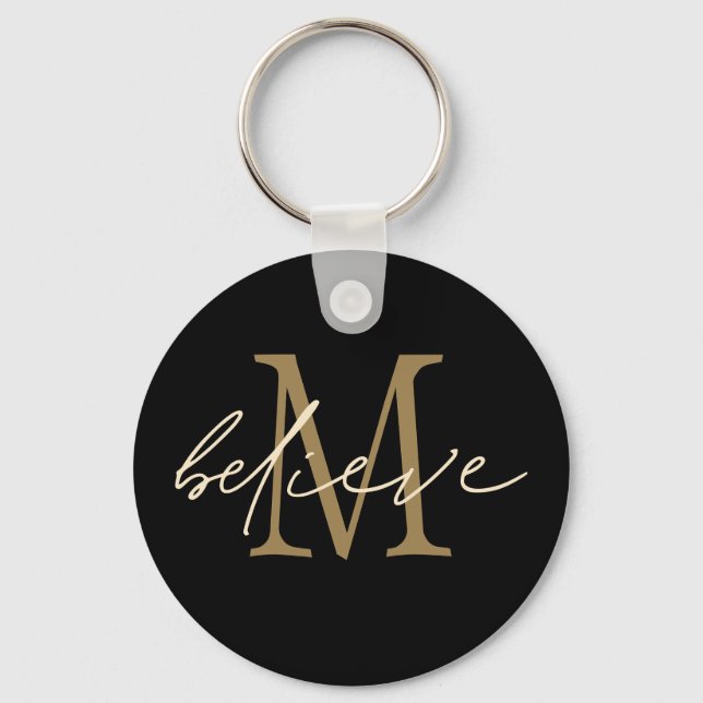Believe Inspirational Gold Black Monogram Initial Key Ring (Front)