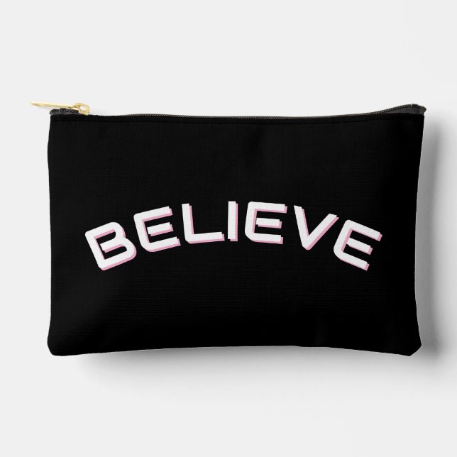 ‘Believe’ inspirational Quote Custom Name Black Accessory Pouch (Front)