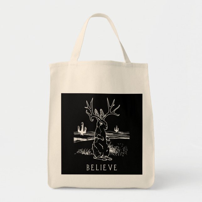 Believe Jackalope Cryptid Rabbit Bunny Apparel Tote Bag (Front)
