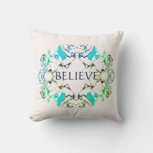 "Believe" Mandala in Shades of Blue Green on Beige Cushion