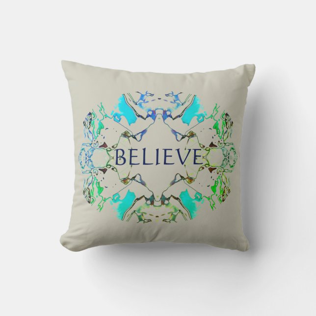 "Believe" Mandala in Shades of Blue, Green on Grey Cushion (Front)
