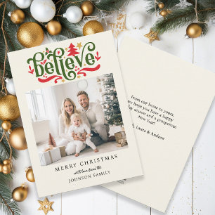 Believe-Merry Christmas!   Modern, simple photo  Holiday Card