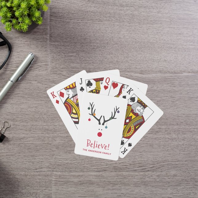 Believe modern funny Christmas reindeer white Playing Cards (Creator Uploaded)