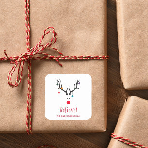 Believe modern funny Christmas reindeer white Square Sticker